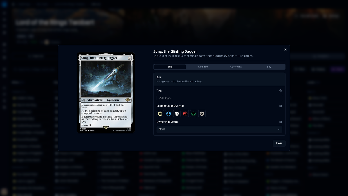CubeForge card details modal for Sting, the Glinting Dagger, with the Edit tab open over a cube list